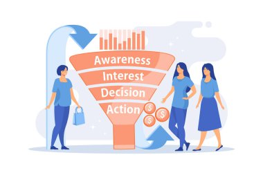 Satışlar, huni aşamaları, potansiyel müşteriler, alıcılar. Satış hunisi yönetimi, müşteri yolculuğu temsili, satış hunisi aşama konsepti, düz vektör modern illüstrasyon