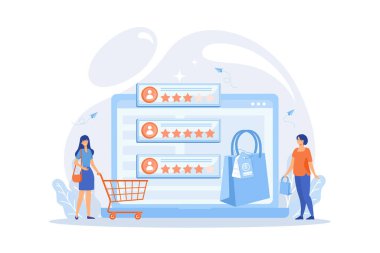 Küçük insanlar, itibar sistemi programıyla online olarak değerlendiriliyor. Satıcı itibar sistemi, üst düzey ürün, müşteri geribildirim oranı konsepti, düz vektör modern illüstrasyon