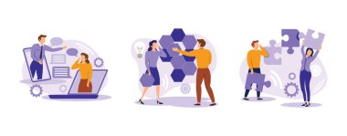 İş desteği. Birleşmiş iletişim, tasarım yapı matrisi, karşılıklı yardım, proje yönetimi, takım çalışması. Düz vektör modern illüstrasyonunu ayarla