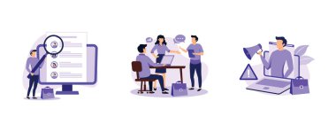 İş teklifi. Sanal iş fuarı, staj, iş alarmı, online işe alım, insan kaynakları servisi, profesyonel büyüme. Düz vektör modern illüstrasyonunu ayarla
