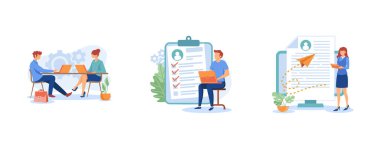 İş başvurusu yap. İşverenler ve boşlar, CV 'nizi gönderin, işe alım, insan kaynakları, kariyerinize başlayın, şirket web sitesi. Düz vektör modern illüstrasyonunu ayarla