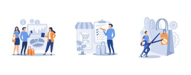 Pazarlama ve terfi. Danışman satışlar, alım sözleşmesi, perakende indirimi, şartlar ve koşullar, ürün fiyatı, b2b satışı. Düz vektör modern illüstrasyonunu ayarla