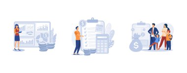 Para yönetimi. Finansal danışman, bütçe planlaması, aile yardımı, yatırım, finans planı, vergi stratejisi, domuz kumbarası. Düz vektör modern illüstrasyonunu ayarla