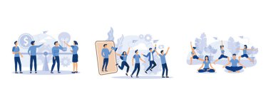 Denge ve denge, tanıtım yöntemi, çalışma saatlerinde meditasyon kavramı, yassı vektör modern illüstrasyonunu ayarla