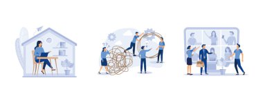 Evden çalışma, iş sorunları çözme konsepti, çevrimiçi işbirliği toplantısı, düz vektör modern illüstrasyonunu ayarla