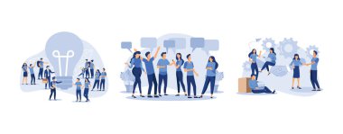 Küçük insanlar fikir arayışında büyük ampullere, diyalog baloncuklarına, partilerin anlaşmasına, yassı vektör modern illüstrasyonuna bakıyorlar.