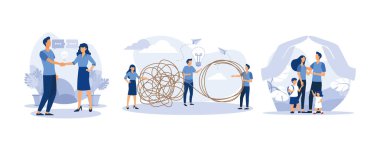 İş adamları sosyal ağları tartışıyor, birbirine dolanmış ve dağılmış, çiçeklerin içinde mutlu ve refah içinde bir aile, düz vektör modern illüstrasyonunu kuruyor.