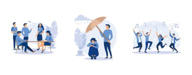 İş adamları sosyal ağı tartışıyor, genç bir adam depresyonda yağmurdan diğerine şemsiye tutuyor, bir grup insan dans ediyor ve müzikle eğleniyor, düz vektör modern illüstrasyonunu ayarlıyor