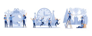 Küçük insanlar yeni yıla hazırlanıyor, dekorasyonla uğraşıyorlar, şirketler iş yerinde, düz vektör modern illüstrasyonunu ayarlıyorlar.