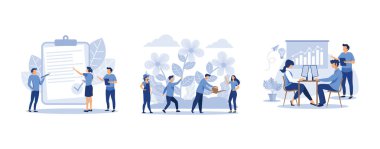 Küçük insanlar bir form doldurur, doğadaki bitkileri büyütür ve inceler, şirket bilgisinin analizi, yassı vektör modern illüstrasyonunu ayarlar