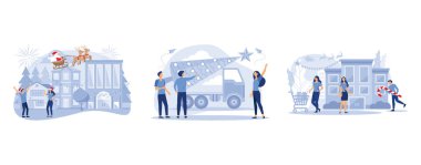 Eşya ve hediye almak, bagajında Noel ağacı olan vintage kamyonet, atmosferin ve havai fişeklerin şenlikli dekorasyonu, düz vektör modern illüstrasyonunu ayarlamak.