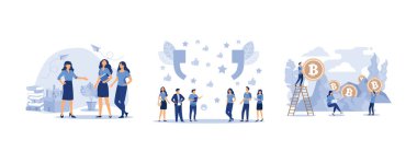 Bir kutu eşyası olan üzgün bir çalışan, Melenkie insanları internet üzerinden satın alınan ürünler, para birimi dönüştürücüsü, düz vektör modern illüstrasyonlar hakkında çevrimiçi eleştiriler bırakıyorlar.