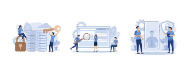 Veri işleme, grafik tasarım iş konsepti mobil asistanı, adam elinde bir telefon tutuyor ve uygulama yüzünü tarıyor, düz vektör modern illüstrasyonunu ayarlıyor