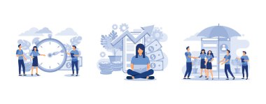 Şirket ortaklaşa inşaatla ve nakit kazanç elde etmekle meşguldür, kız tasarımcı iş başvurusunu online olarak geliştirir. Online çanta ve yatırım, insan hayat sigortası, düz vektör modern illüstrasyon