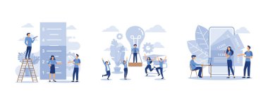 Küçük insanlar hedefe ulaşan kaç kişiyi ölçer, balon uçar küçük adamların arkadaşlığı sevinir, akıllı telefonunuzla online bilet satın alır, düz vektör modern illüstrasyonunu ayarlar