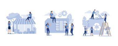 ürün ve hediyelerin alımı, mobil sim kart, çalışan çöpleri geri dönüşümle meşgul, düz vektör modern illüstrasyonunu ayarlar