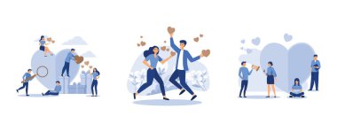 Sevgililer Günü hazırlıkları, birbirine aşık çift, büyük kalp, düz vektör modern illüstrasyon.