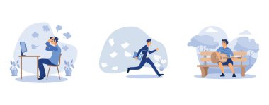 Masada öfkeli adamlar, panik içinde koşan, kağıtları ve belgeleri dağıtan, bankta oturan ve parkta akustik gitar çalan genç adam, yassı vektör modern illüstrasyonunu ayarlayan,