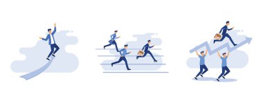İş görüşü ve hedefi, siyah takım elbiseli beyaz yakalı işçiler koşu yolunda yarışıyor ve evrak çantası taşıyan akıllı biri dahili paten giyerek öne geçiyor, Creative Square Power Team Creer Creative Business Man, düz vektör modern iş adamı 