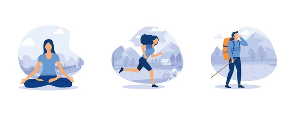 Αθλητικός Τρόπος Ζωής Σχολή Γιόγκα Τρέξιμο Και Πεζοπορία Γυμναστήριο Πρακτική — Διανυσματικό Αρχείο