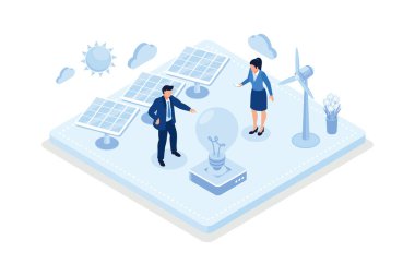 Yel değirmenleri ve Güneş Enerjisi Panelleri olan Modern Eko Özel Evi, Şarj İstasyonuna yakın Elektrikli Araba, Yenilenebilir Enerji ile Yeşil Endüstriyel Fabrika, izometrik vektör modern illüstrasyon