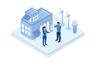 Yel değirmenleri ve Güneş Enerjisi Panelleri olan Modern Eko Özel Evi, Şarj İstasyonuna yakın Elektrikli Araba, Yenilenebilir Enerji ile Yeşil Endüstriyel Fabrika, izometrik vektör modern illüstrasyon