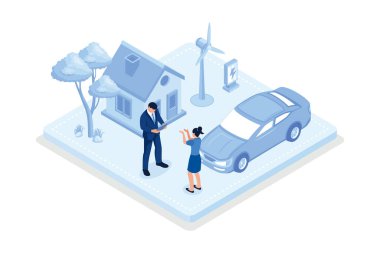 Yel değirmenleri ve Güneş Enerjisi Panelleri olan Modern Eko Özel Evi, Şarj İstasyonuna yakın Elektrikli Araba, Yenilenebilir Enerji ile Yeşil Endüstriyel Fabrika, izometrik vektör modern illüstrasyon