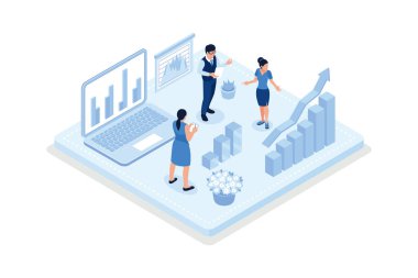 Borsa verilerini analiz eden ve yatırım stratejisi planlayan karakterler. Finansal grafikleri, şemaları ve şemaları inceleyen insanlar. Hisse senedi ticaret konsepti, izometrik vektör modern illüstrasyon