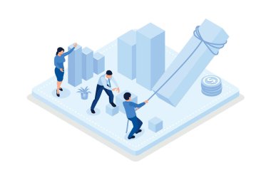 Mali sorunları, borçları ve kredisi olan karakterler. Uzun banknotlar tutan, tahsilat acentesinden gelen mektupları okuyan ve borç taşıyan insanlar, izometrik vektör modern illüstrasyon