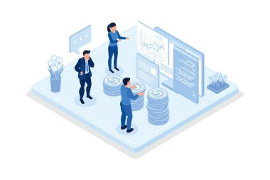 Borsa verilerini analiz eden ve yatırım stratejisi planlayan karakterler. Finansal grafikleri, şemaları ve şemaları inceleyen insanlar. Hisse senedi ticaret konsepti, izometrik vektör modern illüstrasyon