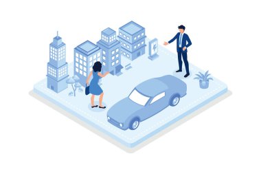 Modern şehir merkezinde elektrikli araba, sürdürülebilir gelecek konsepti, izometrik vektör modern illüstrasyon