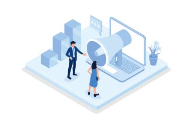 Sosyal medya platformunda izleyicilerle bütünleşen, indirim sunan ve takipçileri, izometrik vektör modern illüstrasyonunu artırmak için pazarlama stratejisi kullanan karakterler