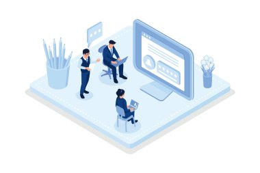 Karakterler Beş Yıldız 'a geri bildirim veriyor. Kullanıcı Deneyimleri Konsepti, izometrik vektör modern illüstrasyon