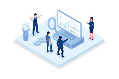 Pazarlama ve seo stratejisini, Seo hedefleme ve performans konseptini, izometrik vektör modern illüstrasyonunu tartışan karakterler