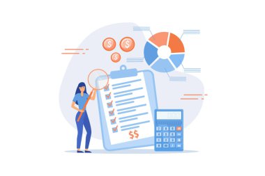 Bütçe planlaması veya gelir yönetimi, harcama ve gider raporu veya yatırım bilançosu, borç hesaplama ve analizi, düz vektör modern illüstrasyon