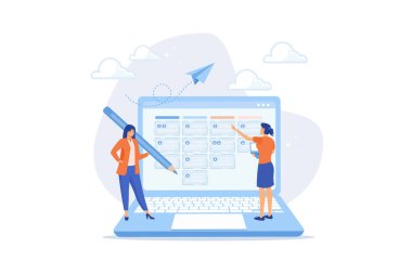 Proje görevlerini organize etmek için görev yönetimi yazılımı, zamanlamayla, proje planı veya verimlilik çalışma konseptiyle, düz vektör modern illüstrasyonla işi bitirecek personel ataması