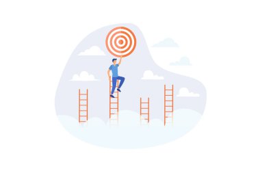 Hedefe ya da hedefe ulaşmak için başarı merdiveni, rekabet, hırs veya arzu kazanmak için hedef, strateji ya da motivasyon mücadelesi, düz vektör modern illüstrasyon