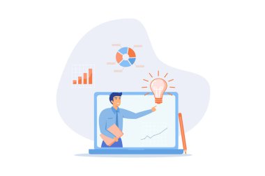 İş danışmanlığı, danışmanlık veya uzmanlık, çevrimiçi sunum veya konferans çağrısı, strateji ve analiz konsepti, düz vektör modern illüstrasyon