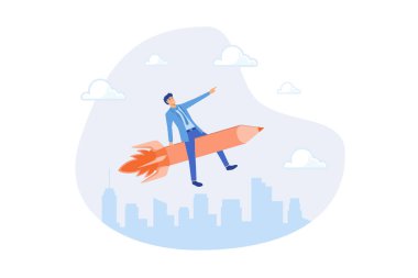 Eğitim, yaratıcılık veya eğlence fikri olarak kalem roketi, hayal gücü veya yaratıcı özgürlük, yeni proje veya iş geliştirme kavramı, düz vektör modern illüstrasyon