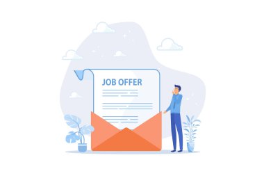 İş teklifi veya terfi almak için iş fırsatı veya daha yüksek maaş, istihdam ve istihdam için yeni pozisyon, insan kaynakları kavramı, sabit vektör modern illüstrasyon