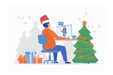 Erkek videosu, Noel günü evinde bilgisayardan kız arkadaşına sesleniyor. Düz vektör modern illüstrasyon.