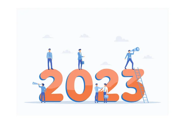 stock vector Happy new year 2023. 2023 business goals concept, Business team seeking new opportunities. Leadership. Vision. Achievement, flat vector modern illustration