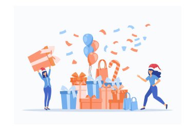 Mutlu kadınların hediyeleri ve oyuncakları olur. Kış tatili hazırlıkları olur. Noel arifesi. Boks günü. Bir yığın noel hediyesi. Yeni yıl kutlaması, yatay konsept afişi, düz vektör modern illüstrasyon