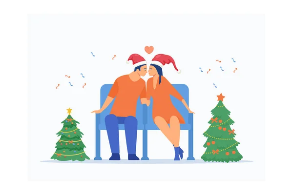 クリスマスにキスするカップル 愛してるわ 恋のカップル 2つの顔を閉じてください 冬のグリーティングカード 緑と赤の色 雪の下でロマンチックなデート メリークリスマス一緒にフラットベクトルモダンなイラスト — ストックベクタ