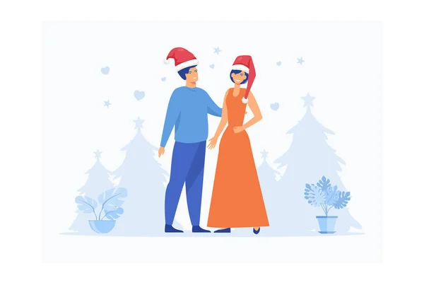 Dois Jovens Dia Natal Marido Esposa Celebram Feriado Ilustração Moderna — Vetor de Stock