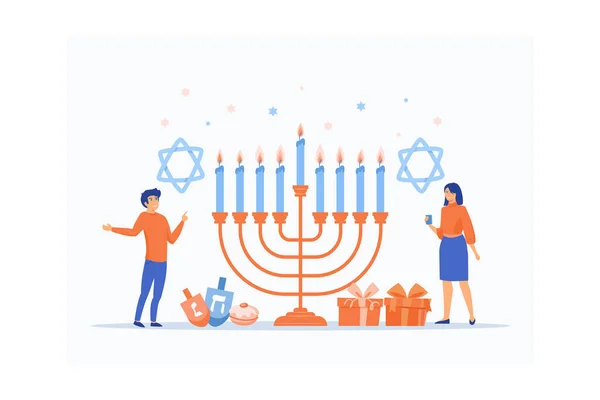 Frohes Chanukka Traditioneller Jüdischer Feiertag Mit Winzigen Menschen Und Symbolen — Stockvektor
