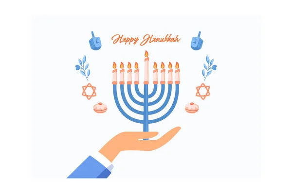 Hanukkah menorah. Happy jewish holiday hanukkah, concept. Man jew holding in hand menorah with candles, Isolated on white background. Religious celebration, flat vector modern illustration
