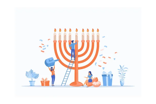 concept of Hanukkah holiday menorah decoration with happy tiny people character, flat vector modern illustration