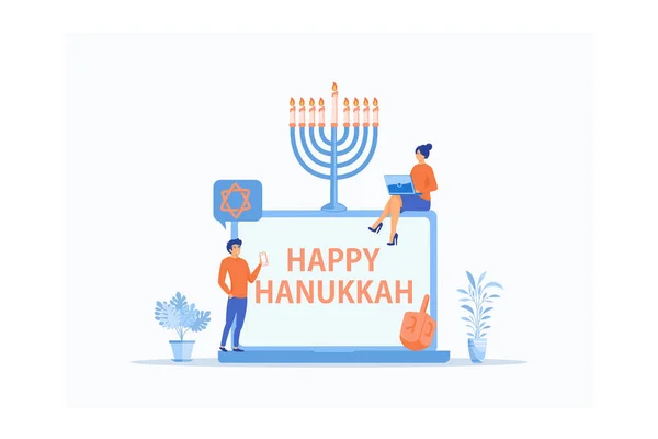 Traditional Jewish Holiday Tiny People Symbols Menorah Candles Dreidels Spinning — Stock Vector