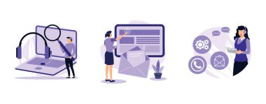 Yardım hattı. Müşteri hizmetleri, irtibata geçin, çağrı merkezi, çevrimiçi yardım, SSS, e-destek sistemi, canlı sohbet. Düz vektör modern illüstrasyonunu ayarla